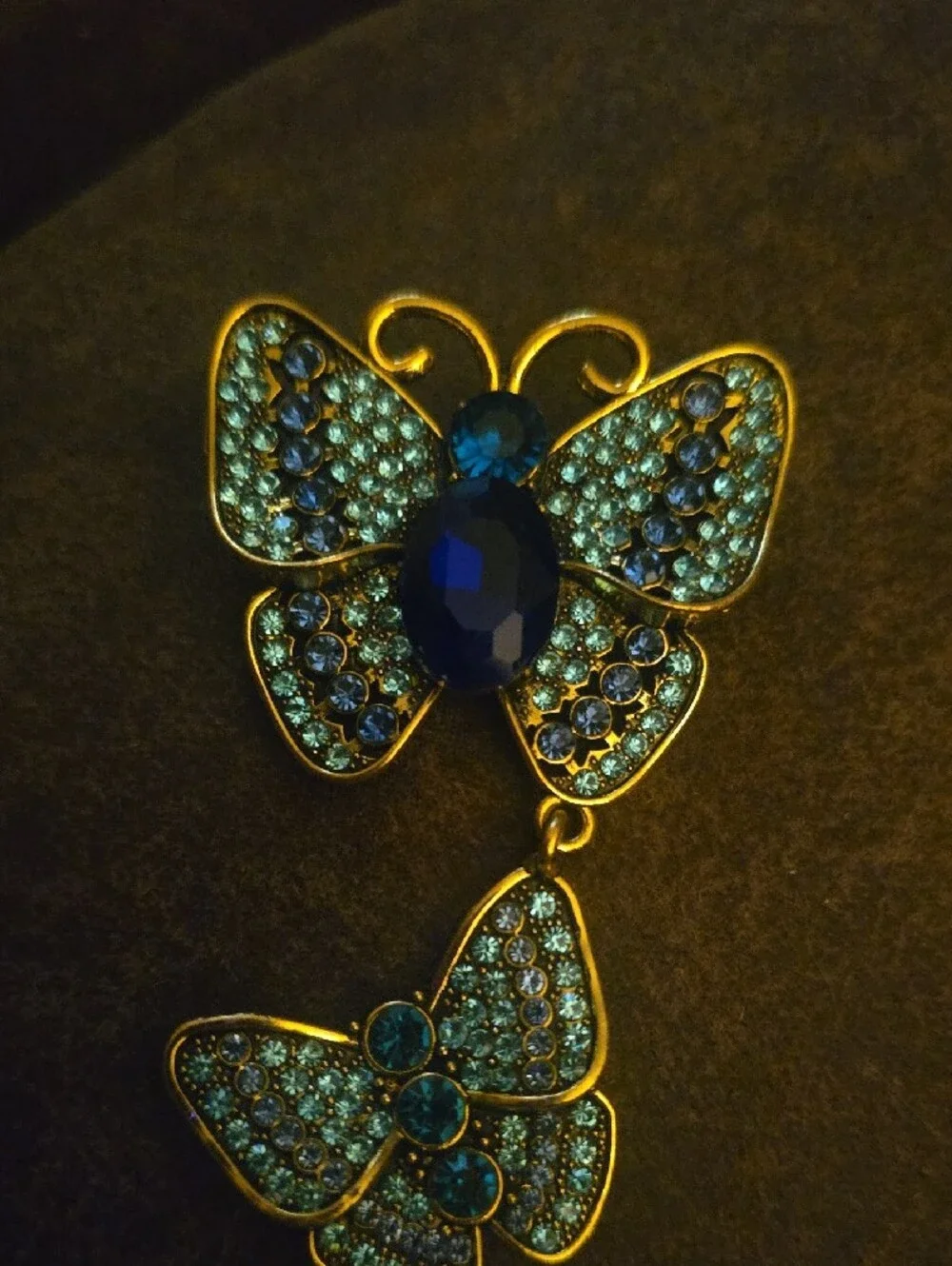 Vintage Style Triple Butterfly Drop Brooch Pin Blue Rhinestone Crystal Gold Tone